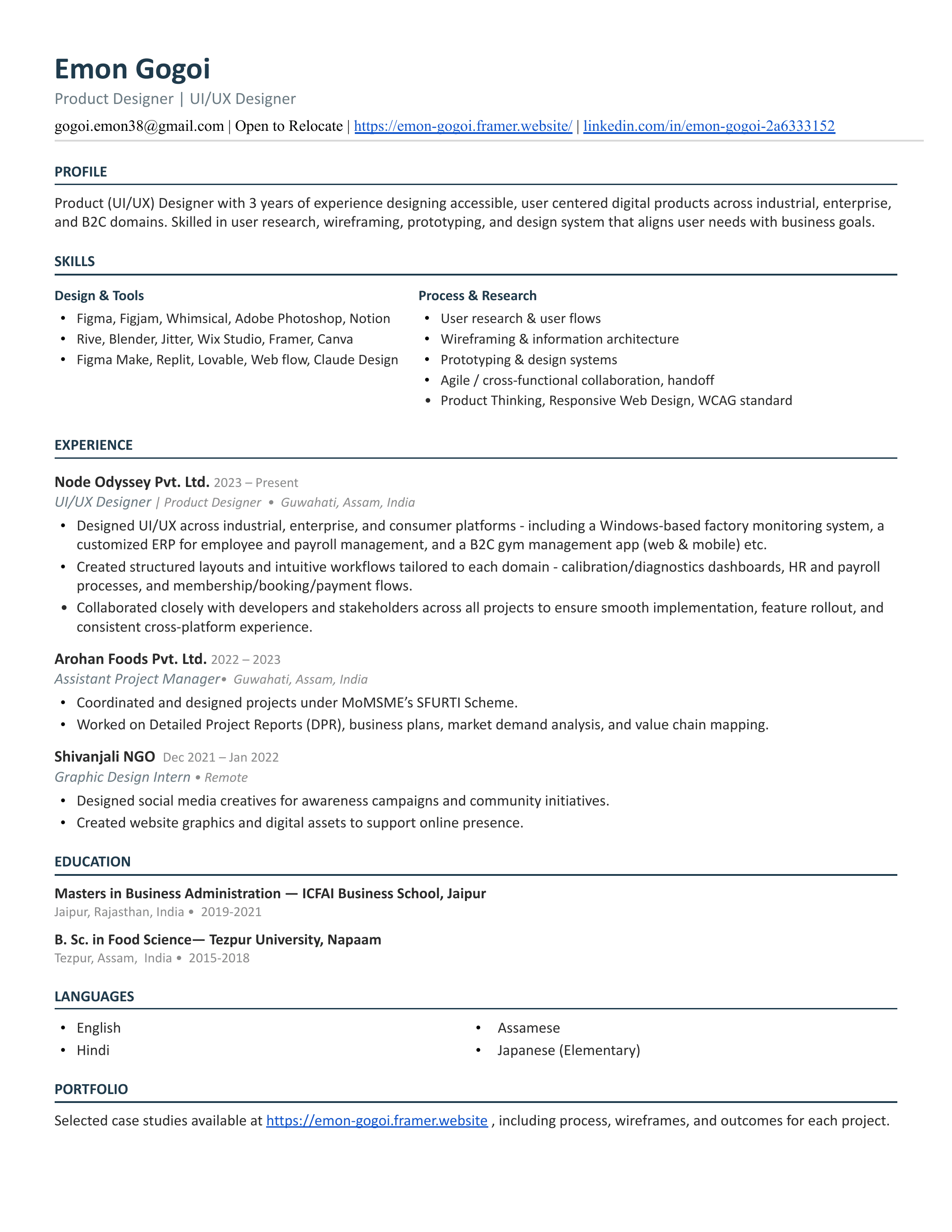 Emon Gogoi — Product Designer & UI/UX Designer. Résumé covering profile, skills, experience, education and languages.